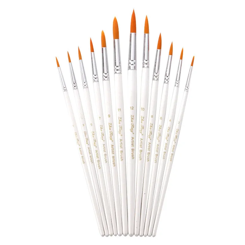 12 PCs Pointed Toe Nylon Hair Brush Watercolor White Rod Gouache Brush Pen Art