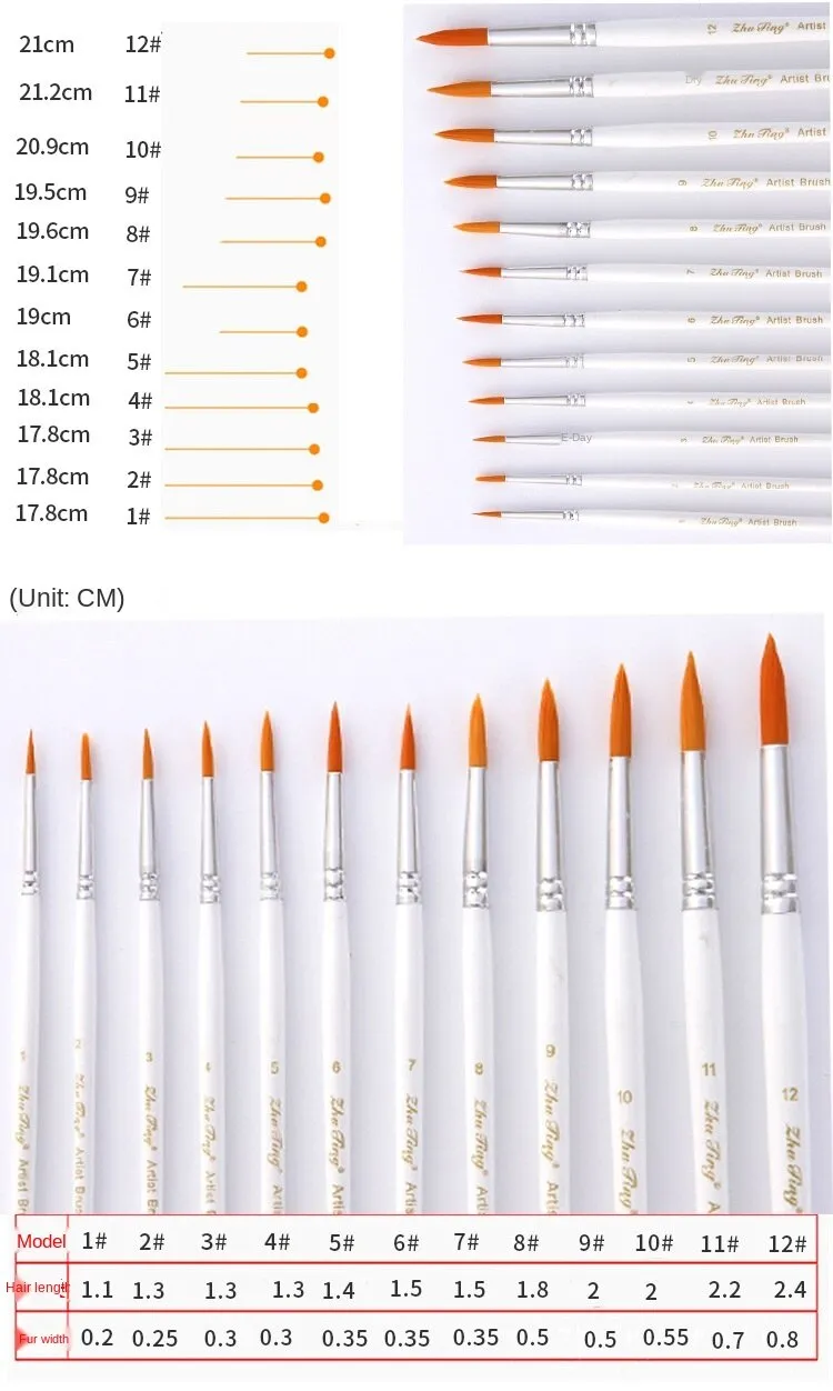 12 PCs Pointed Toe Nylon Hair Brush Watercolor White Rod Gouache Brush Pen Art