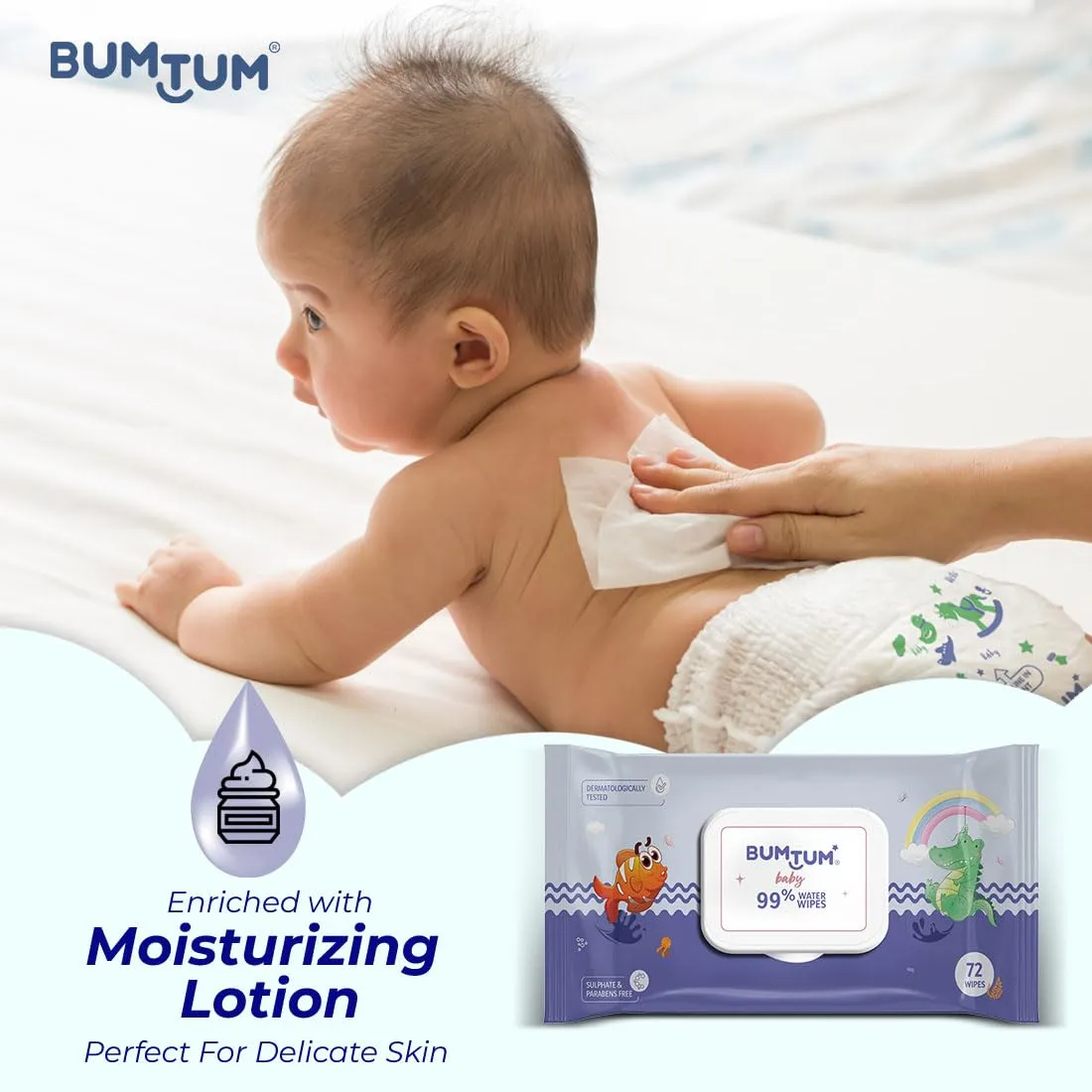 Bumtum Baby Gentle 99% Pure Water Soft Moisturizing Wet Wipes With Lid | Aloe Vera & Chamomile Extracts | Paraben & Sulfate Free (Pack of 6, 72 Pcs. Per Pack)