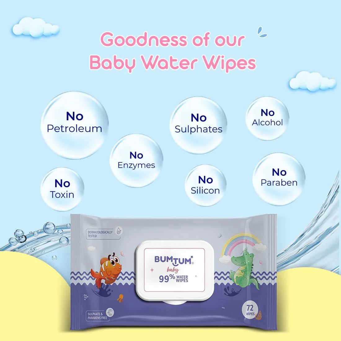 Bumtum Baby Gentle 99% Pure Water Soft Moisturizing Wet Wipes With Lid | Aloe Vera & Chamomile Extracts | Paraben & Sulfate Free (Pack of 6, 72 Pcs. Per Pack)