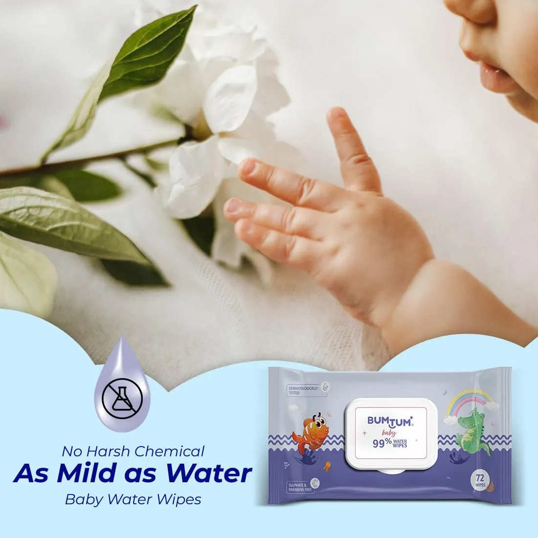 Bumtum Baby Gentle 99% Pure Water Soft Moisturizing Wet Wipes With Lid | Aloe Vera & Chamomile Extracts | Paraben & Sulfate Free (Pack of 6, 72 Pcs. Per Pack)