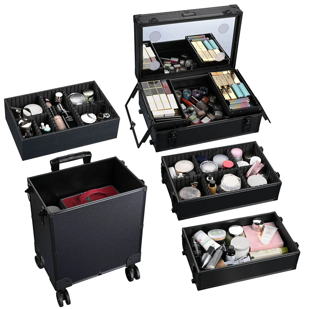 Byootique Black Rolling Makeup Case with Lighted Mirror 4 in 1