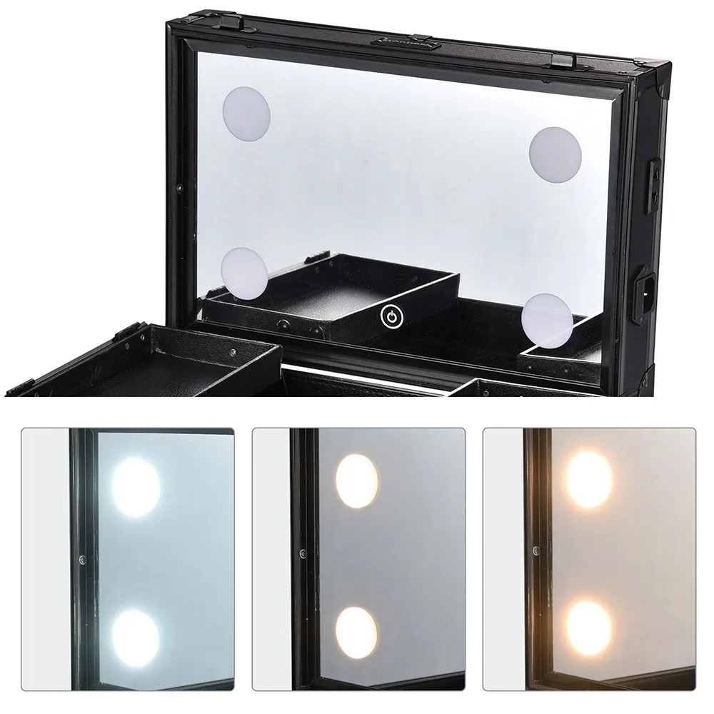 Byootique Black Rolling Makeup Case with Lighted Mirror 4 in 1