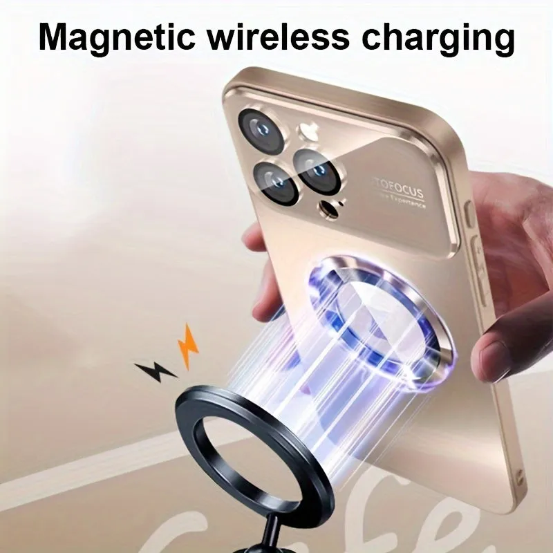 Desert Titanium Matte Magnetic Wireless Charging Case - Shockproof, Soft Bumper Cover with Glass Lens Protector, Compatible with iPhone 16, 15, 14, 13, 12, 11 Pro Max.