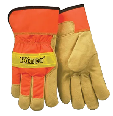 Kinco 1918 Hi-vis Nylon Fabric Back Safety Cuff Grain Pigskin Palm Gloves (One Dozen)