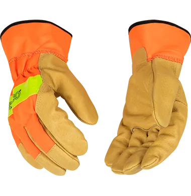 Kinco 1918 Hi-vis Nylon Fabric Back Safety Cuff Grain Pigskin Palm Gloves (One Dozen)