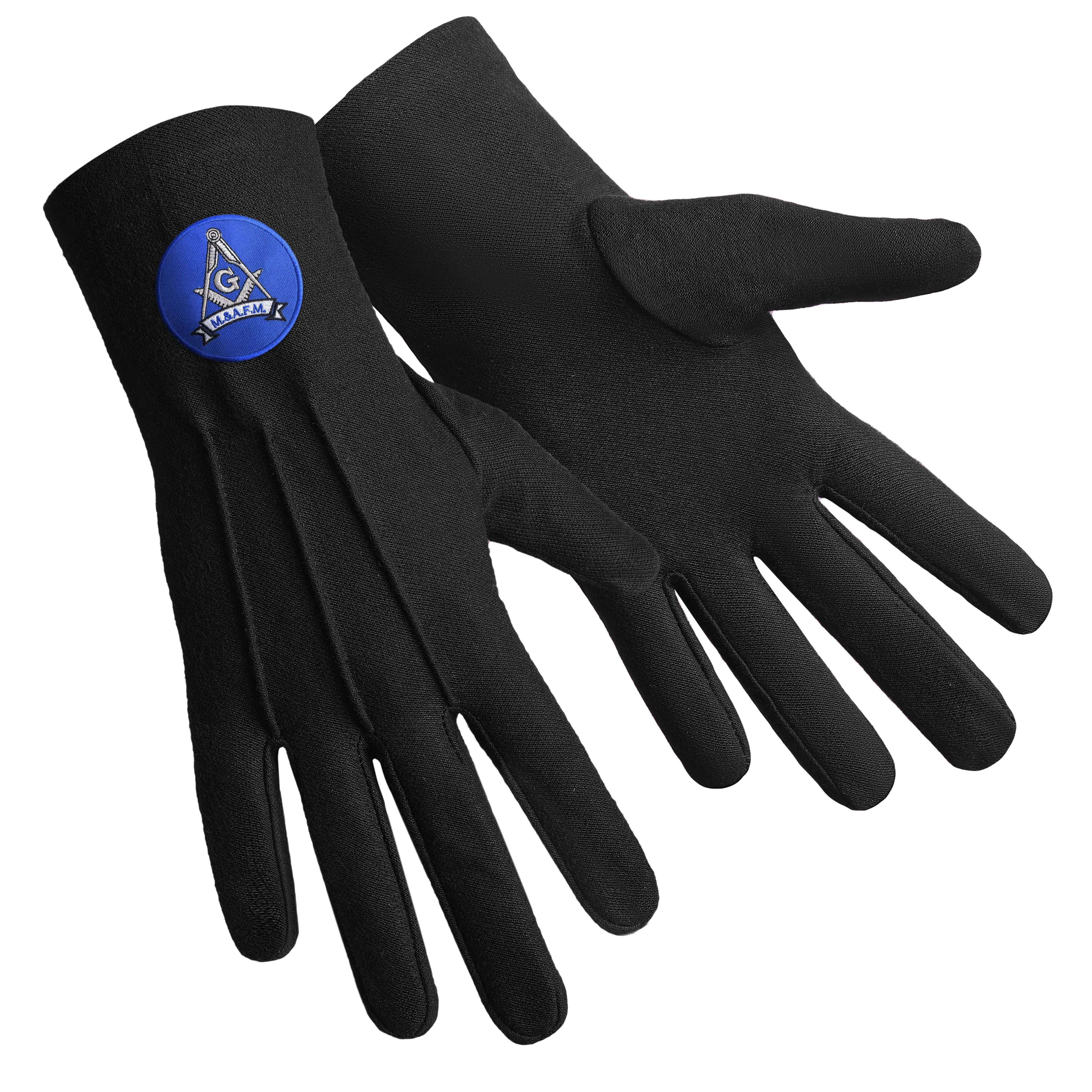 Master Mason Blue Lodge Gloves - Black Pure Cotton With Blue Round Patch