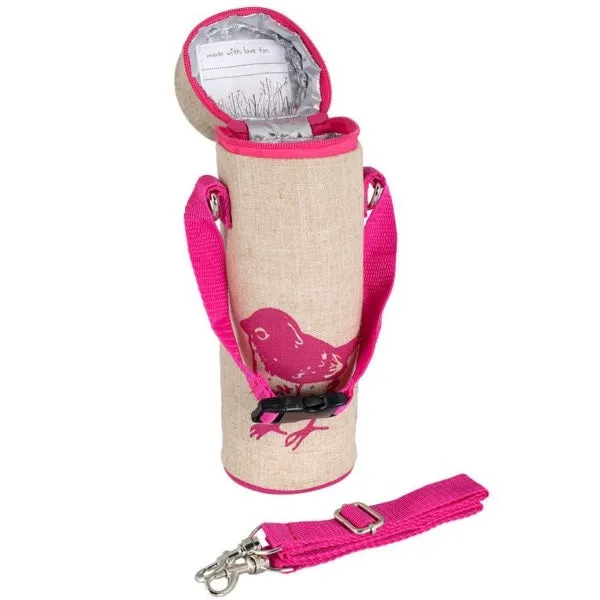 SoYoung - Insulated Raw Linen Bottle Bag - Pink Birds